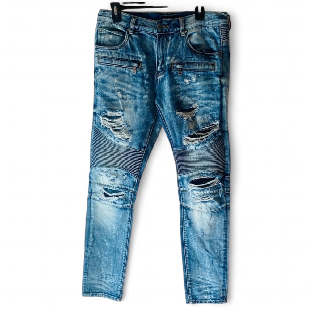 EMBELLISH MEN’S DISTRESSED MOTO BIKER JEANS SIZE 32